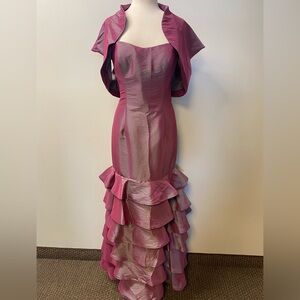 Elegant Pink Ruffled Evening Gown with matching shrug jacket